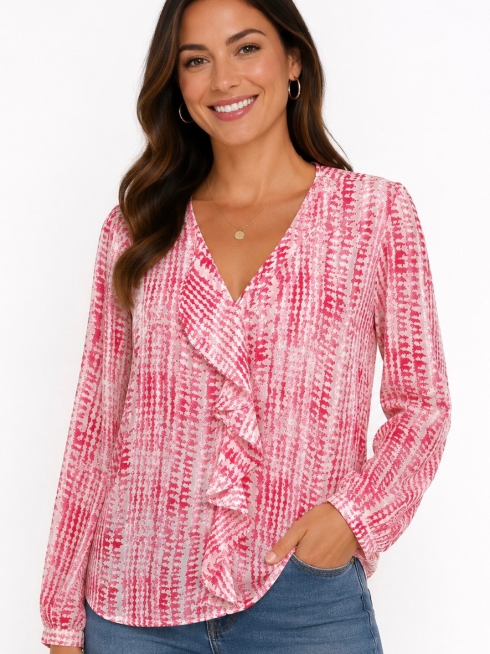 Coldwater Creek red and white print blouse with ruffle accent.